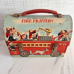Vintage Walt Disney Firefighters Dome Metal Lunchbox Mickey Donald 1969 Aladdin